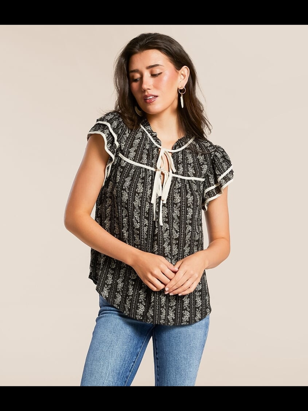 Black Floral Tie-Front Ruffle Sleeve Blouse